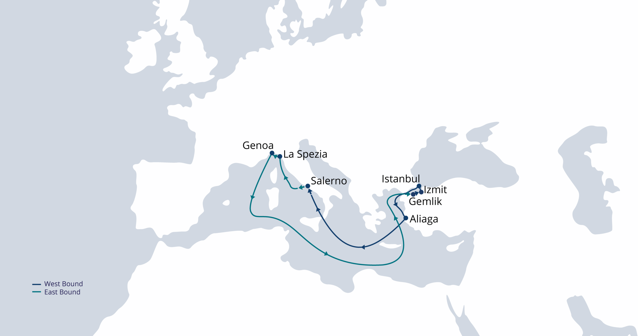 Map of the TIE service route, connecting Turkey and Italy.